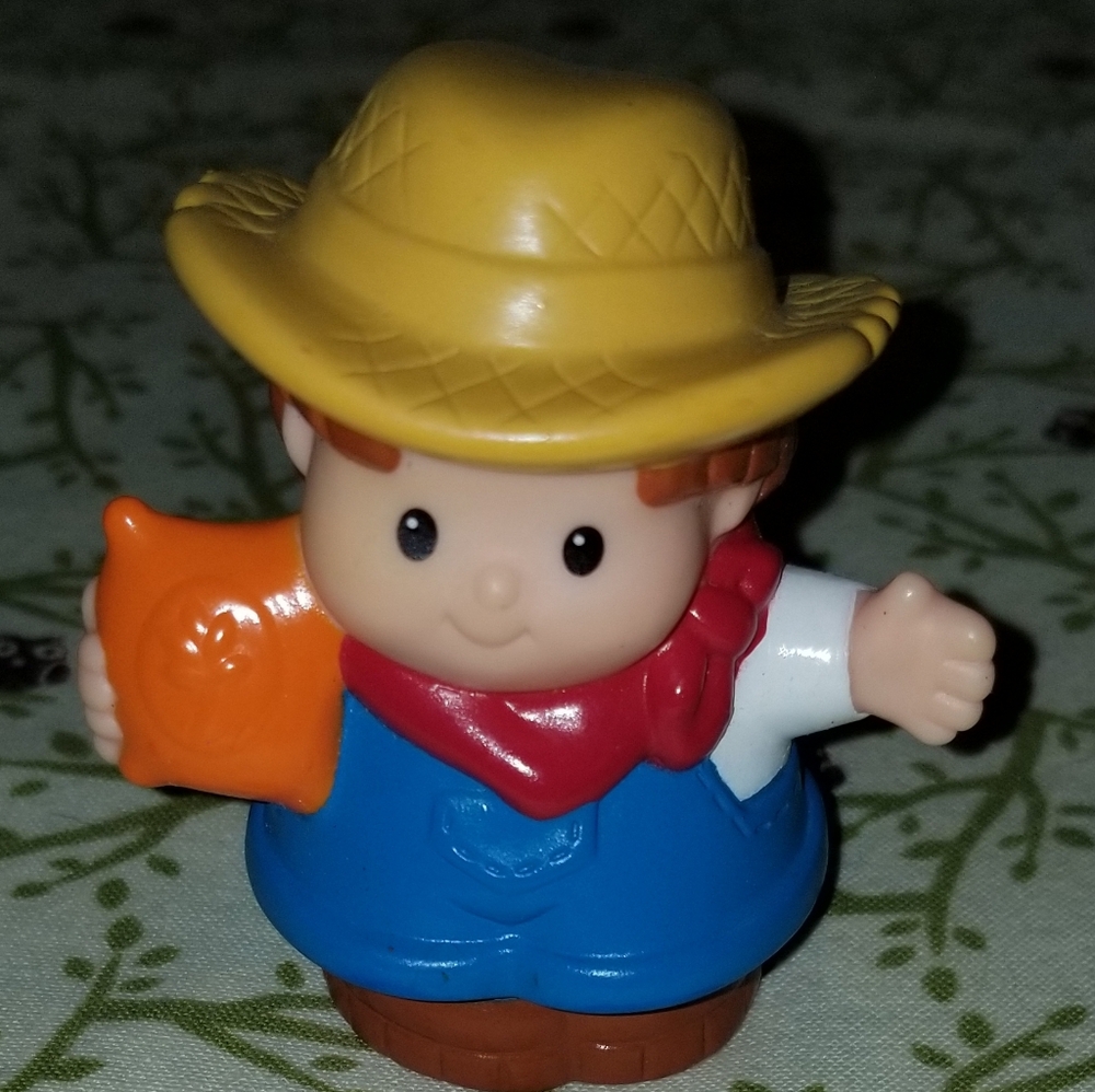 Little People Farmer Jed Straw Hat Blue Overalls Red Bandana Orange Feed Bag